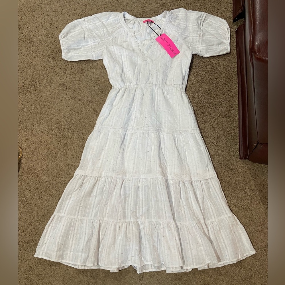 Betsey Johnson Puff Sleeve Speckled White Midi Dress Tiered Cottagecore Sz M NWT
